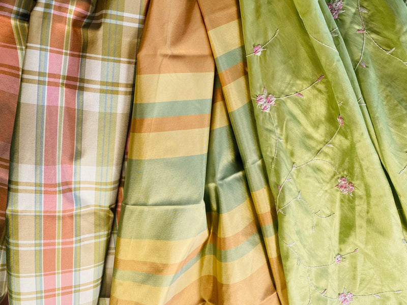 App Sale: $19 Mystery Bundle Fabric 834- 24” x 55” Pink Green Plaid Silk Taffeta + 28” x 55” Pink and Blue Stripe Silk Taffeta + 1 Yard Lime Green Embroidered Floral Faux Silk