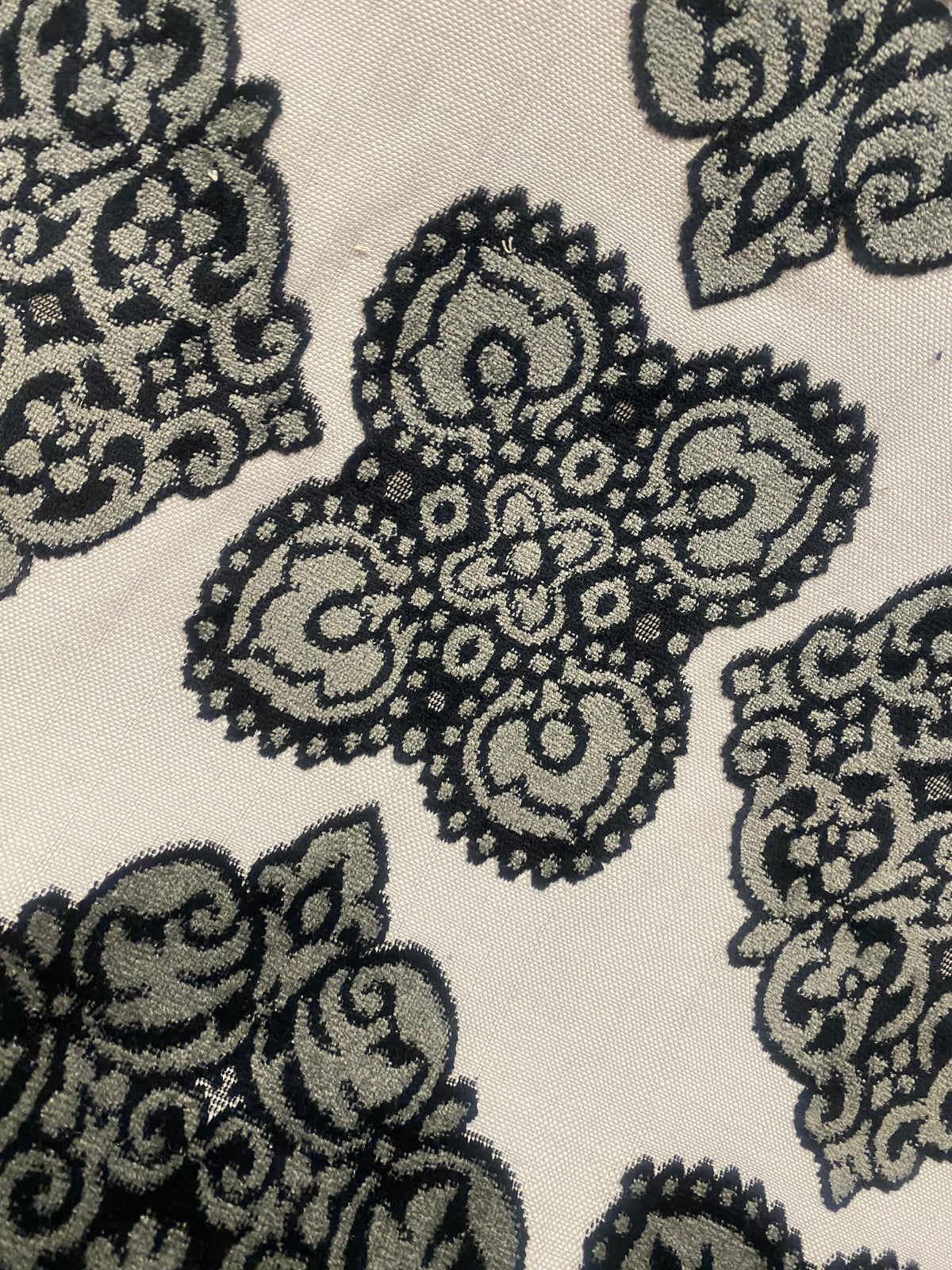 King Jador Designer Medallion Damask Velvet Fabric Upholstery-Dark Grey, Black and White - Fancy Styles Fabric Pierre Frey Lee Jofa Brunschwig & Fils