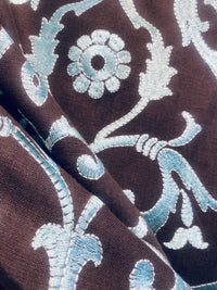 NEW! Duchess Dahlia Novelty Belgium Imported 100% Linen Embroidered Medallion Fabric Chocolate Brown and Light Blue - Fancy Styles Fabric Pierre Frey Lee Jofa Brunschwig & Fils