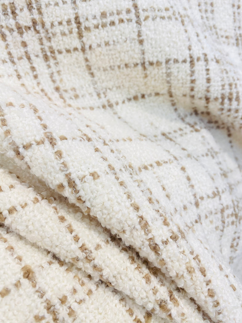 NEW Count York Designer Heavyweight Boucle Upholstery Fabric in White and Taupe Plaid Melange