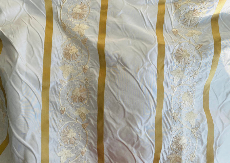 Spooky Sale: $29 BINGO Continuous Yardage 4- Duchess Jezebel 100% Silk Taffeta Embroidered Scroll Stripe Floral Motif Cream White and Gold