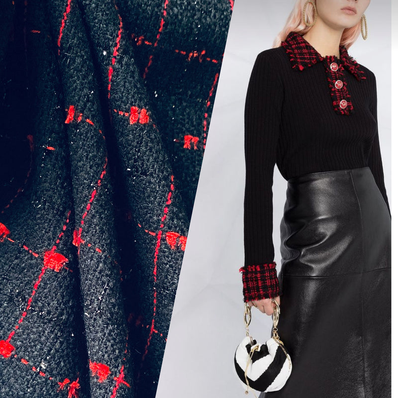App Deal: Miss Marla Plaid Tweed Fabric with Bow Fringe- Black and Red