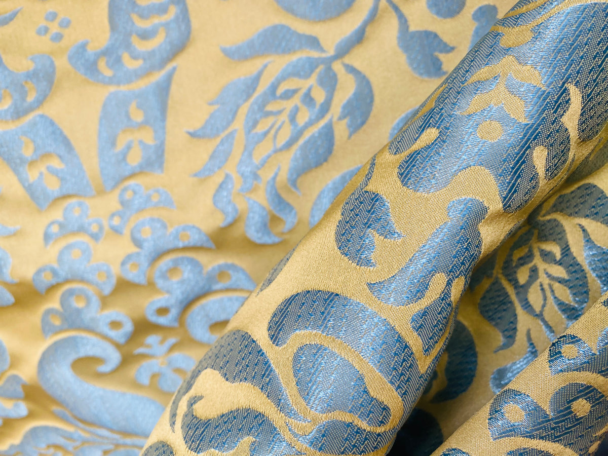 NEW 110" Wide: Queen Lauder Neoclassical Floral Damask Matte Satin Duck Egg Blue and Gold Jacquard Drapery Fabric - Fancy Styles Fabric Pierre Frey Lee Jofa Brunschwig & Fils