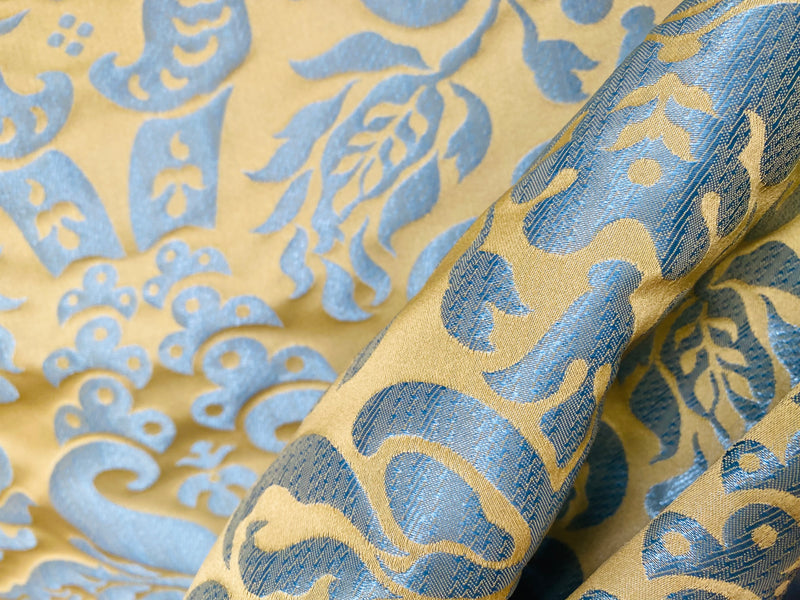 NEW Queen Lauder Neoclassical Floral Damask Matte Satin Duck Egg Blue and Gold Jacquard Drapery Fabric