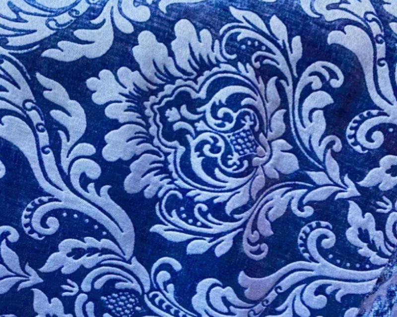 NEW Queen Isabella Designer Medallion Burnout Chenille Velvet Fabric Royal Blue