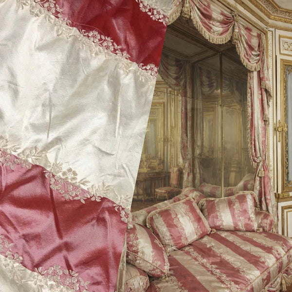 NEW Back in Stock! Queen Kristen Embroidered 100% Silk Taffeta Icy Red and Champagne Stripes - Fancy Styles Fabric Pierre Frey Lee Jofa Brunschwig & Fils