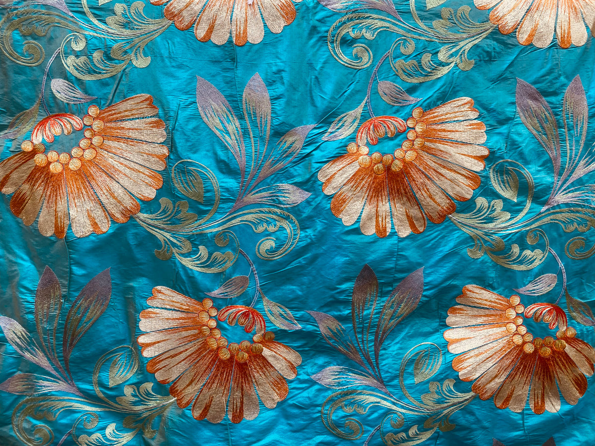 NEW Queen Monique Novelty Floral Embroidered 100% Silk Fabric in Turquoise - Fancy Styles Fabric Pierre Frey Lee Jofa Brunschwig & Fils
