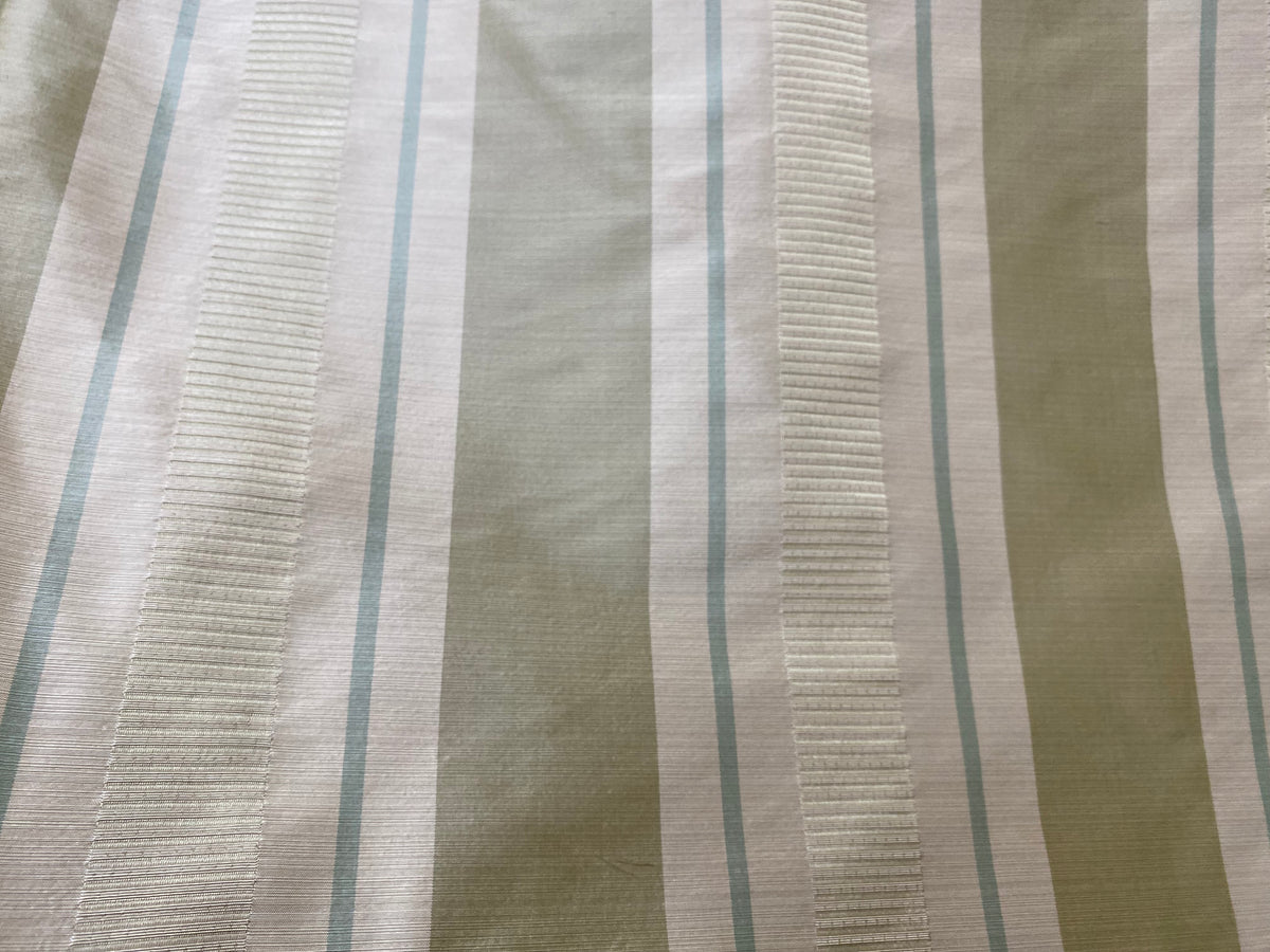 NEW Queen Sherrice 100% Silk Dupioni Ribbon Stripes Fabric - Pistachio Green and Cream with Sea Foam Blue Pinstripe - Fancy Styles Fabric Pierre Frey Lee Jofa Brunschwig & Fils