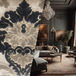 King Dalton Designer Medallion Damask Velvet Fabric Upholstery-Black Grey - Fancy Styles Fabric Pierre Frey Lee Jofa Brunschwig & Fils