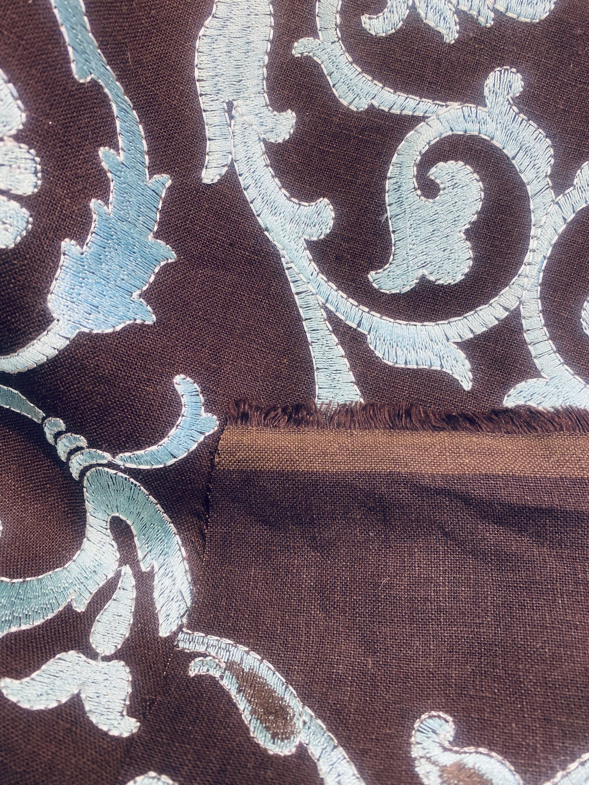 NEW! Duchess Dahlia Novelty Belgium Imported 100% Linen Embroidered Medallion Fabric Chocolate Brown and Light Blue - Fancy Styles Fabric Pierre Frey Lee Jofa Brunschwig & Fils