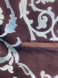 NEW! Duchess Dahlia Novelty Belgium Imported 100% Linen Embroidered Medallion Fabric Chocolate Brown and Light Blue - Fancy Styles Fabric Pierre Frey Lee Jofa Brunschwig & Fils