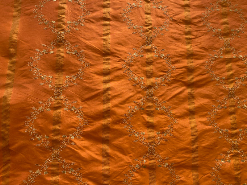 NEW Queen Katjia Novelty Floral Embroidered 100% Silk Fabric in Rust Burnt Orange