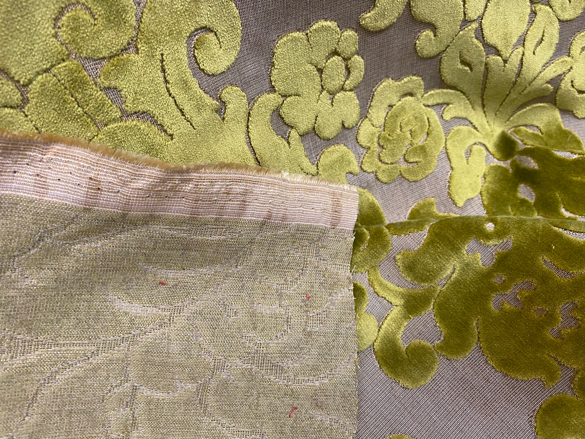NEW! Princess Perma - LARGE REPEAT- Designer Italian Venetian Burnout Damask Velvet Yellow-Lime Chartreuse Fabric Upholstery - Fancy Styles Fabric Pierre Frey Lee Jofa Brunschwig & Fils