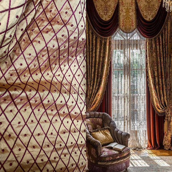 NEW Duchess Dorta 100% Silk Dupioni Embroidered Diamond Dot Motif Cream White and Burgundy Red - Fancy Styles Fabric Pierre Frey Lee Jofa Brunschwig & Fils