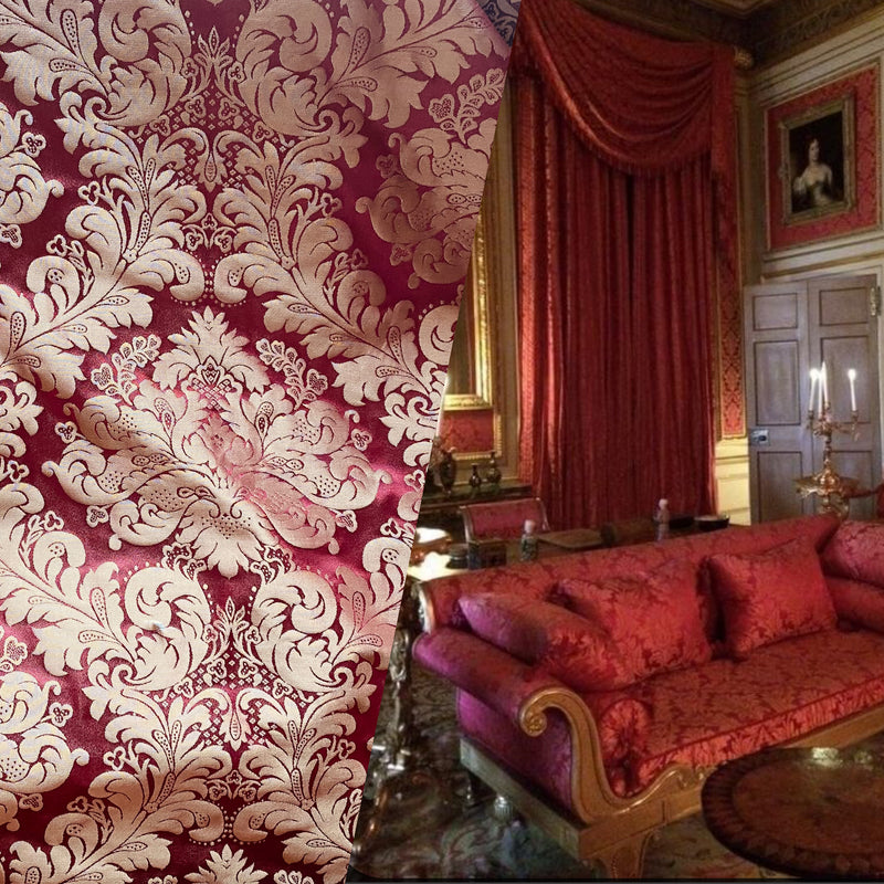 NEW SALE! Lord Louis Designer 100% Silk Taffeta Damask Fabric - Dark Red and Gold