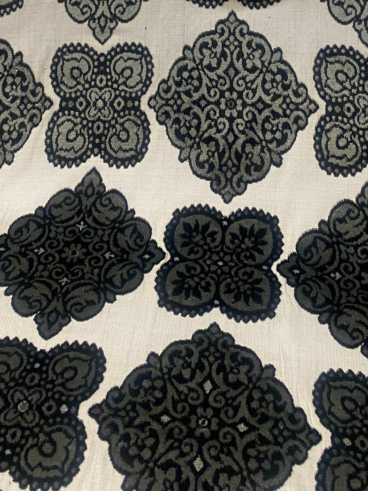 King Jador Designer Medallion Damask Velvet Fabric Upholstery-Dark Grey, Black and White - Fancy Styles Fabric Pierre Frey Lee Jofa Brunschwig & Fils