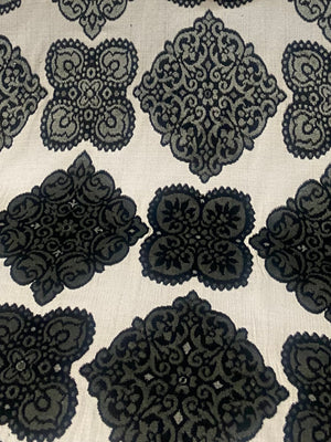 King Jador Designer Medallion Damask Velvet Fabric Upholstery-Dark Grey, Black and White - Fancy Styles Fabric Pierre Frey Lee Jofa Brunschwig & Fils