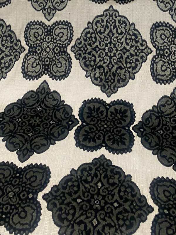 King Jador Designer Medallion Damask Velvet Fabric Upholstery-Dark Grey, Black and White - Fancy Styles Fabric Pierre Frey Lee Jofa Brunschwig & Fils