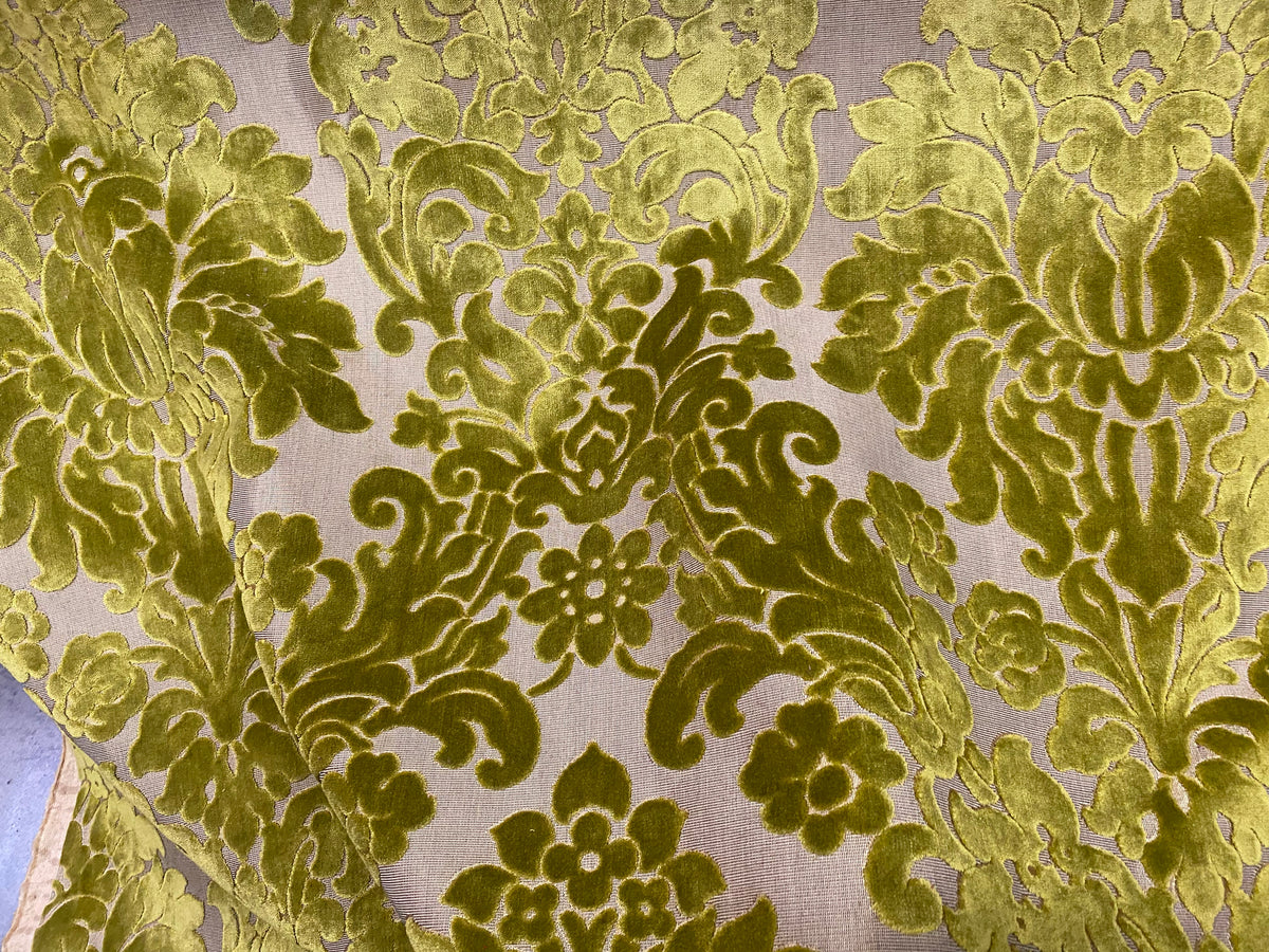 NEW! Princess Perma - LARGE REPEAT- Designer Italian Venetian Burnout Damask Velvet Yellow-Lime Chartreuse Fabric Upholstery - Fancy Styles Fabric Pierre Frey Lee Jofa Brunschwig & Fils