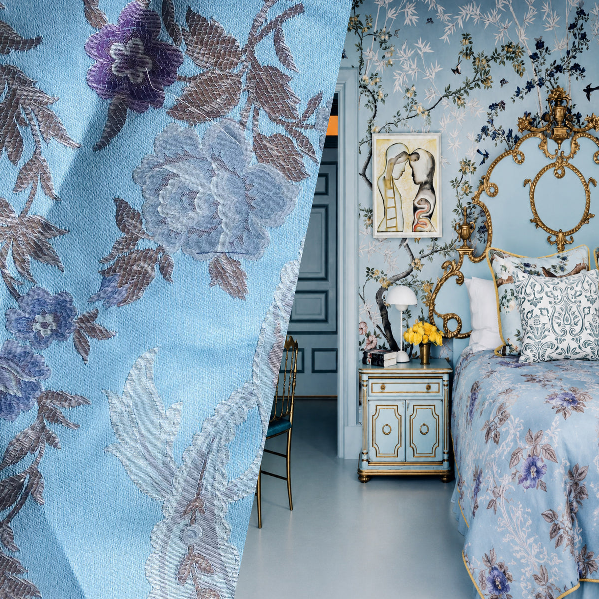 NEW Queen Marionette Novelty Ritz Neoclassical Brocade Medallion Floral Aubusson Satin Fabric - Light Blue