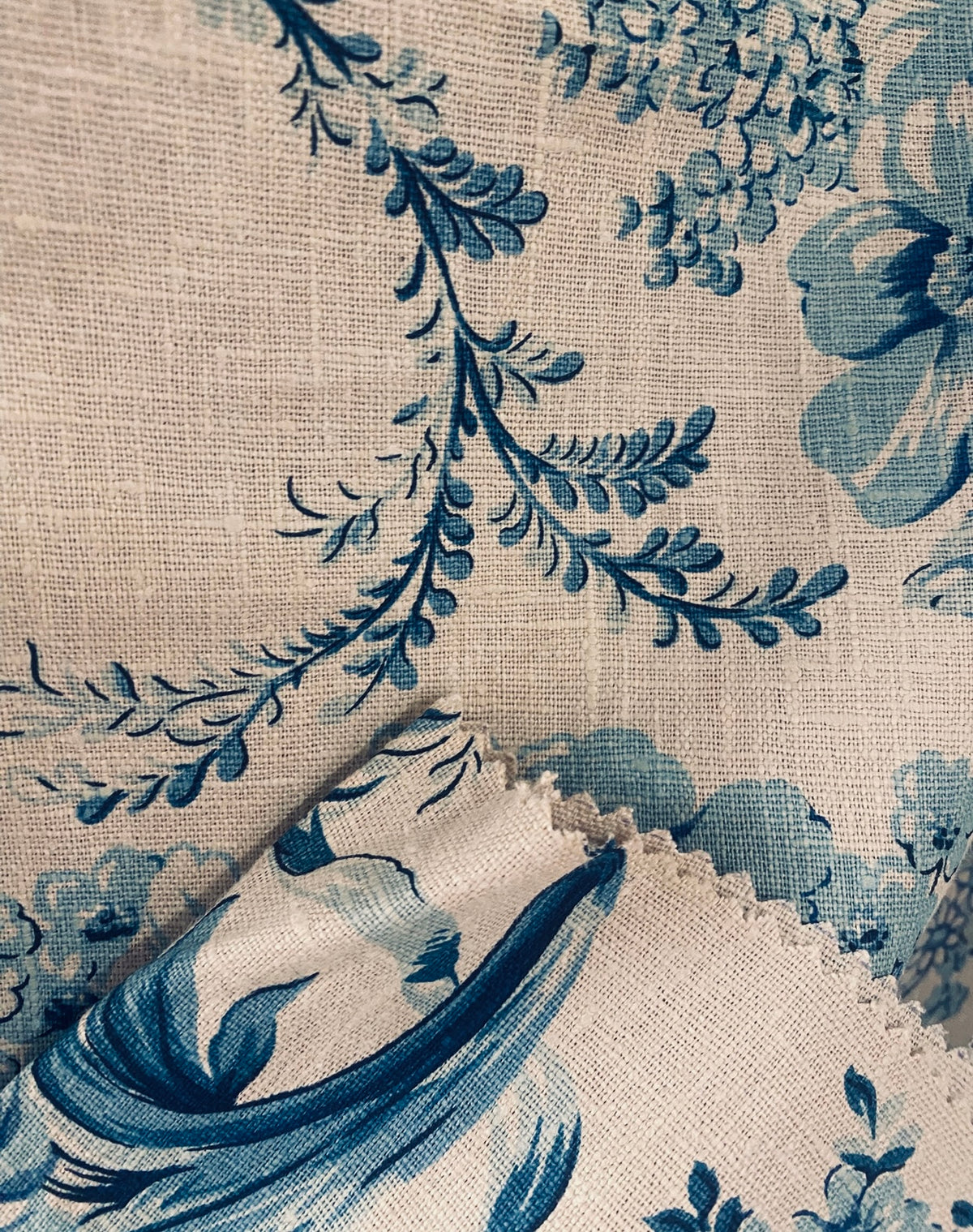 NEW! Queen Peppita Novelty 100% Linen Fabric Floral - Natural and Blue - Fancy Styles Fabric Pierre Frey Lee Jofa Brunschwig & Fils