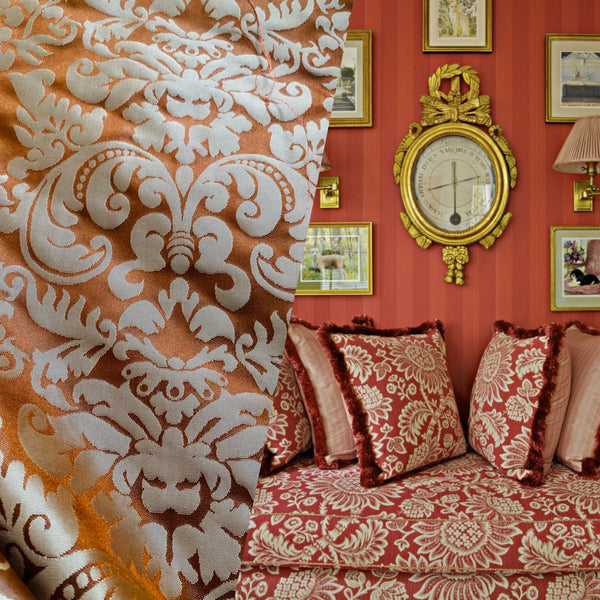 NEW Queen Lauper 100% Silk Jacquard Novelty Neoclassical Floral Damask Matte Satin Brick Red and Gold Jacquard Drapery Fabric - Fancy Styles Fabric Pierre Frey Lee Jofa Brunschwig & Fils