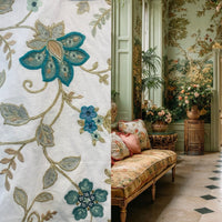 NEW! BACK IN STOCK! Lady Celina Novelty Embroidered 100% Cotton Fabric Turquoise Teal and White - Fancy Styles Fabric Pierre Frey Lee Jofa Brunschwig & Fils