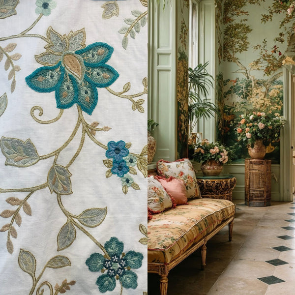 NEW! BACK IN STOCK! Lady Celina Novelty Embroidered 100% Cotton Fabric Turquoise Teal and White - Fancy Styles Fabric Pierre Frey Lee Jofa Brunschwig & Fils