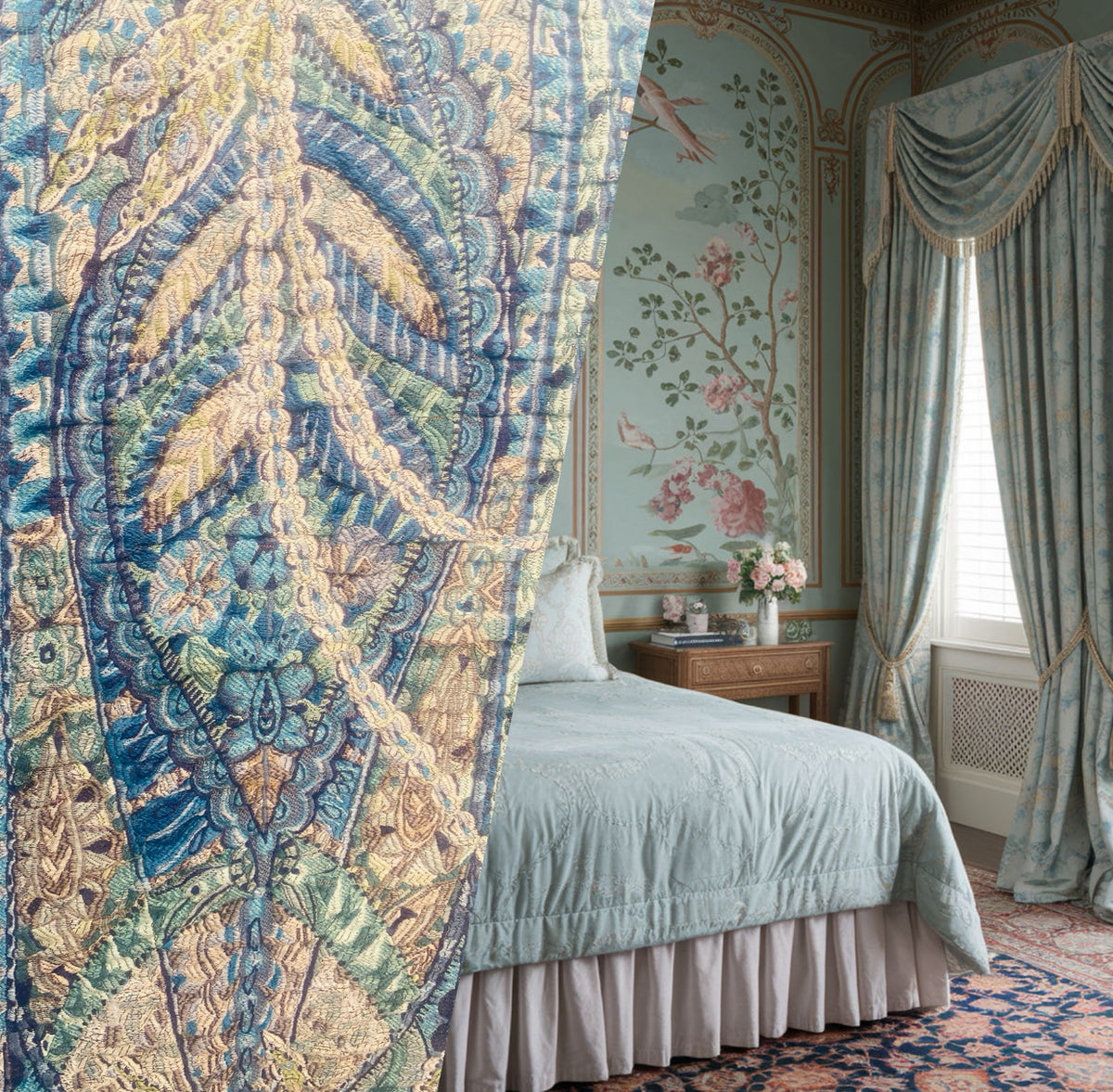 NEW Queen Lila Quilted Blanket Fabric Imported from Italy- Upholstery & Drapery- Blue Melange - Fancy Styles Fabric Pierre Frey Lee Jofa Brunschwig & Fils