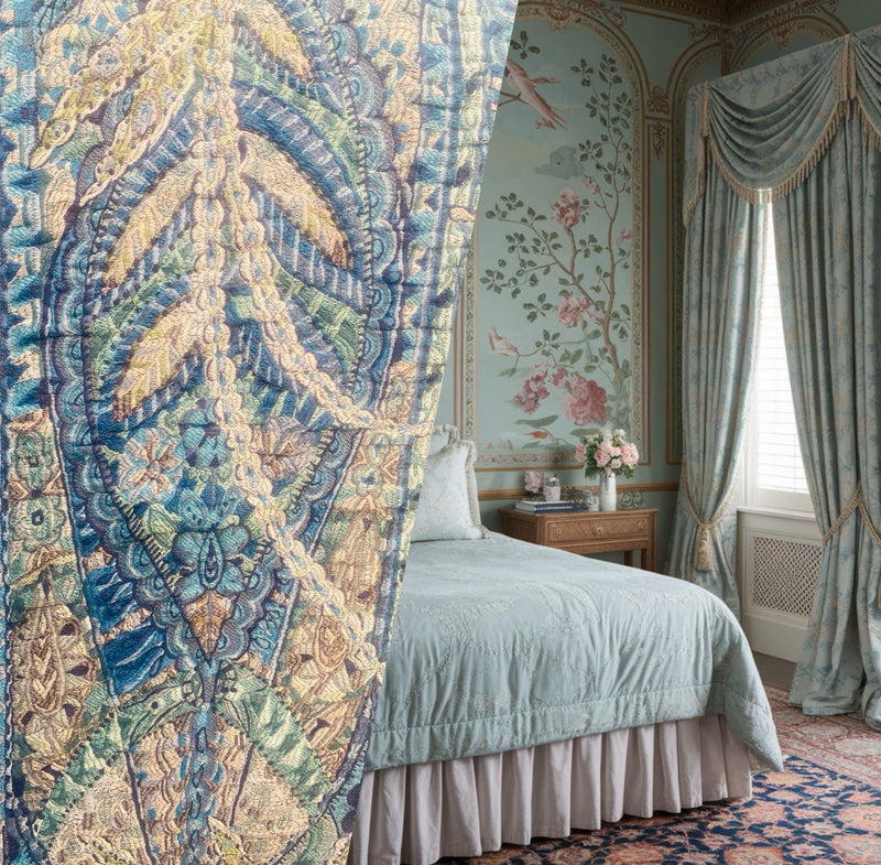NEW Queen Lila Quilted Blanket Fabric Imported from Belgium- Upholstery & Drapery- Blue Melange