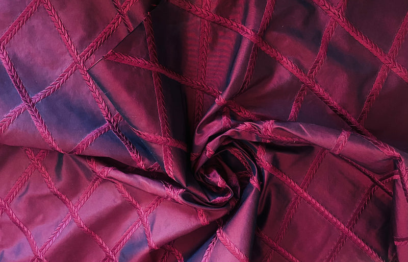 App Sale: King Markus 100% Silk Taffeta Embroidered Rope Motif Fabric - Red with Black Iridescence