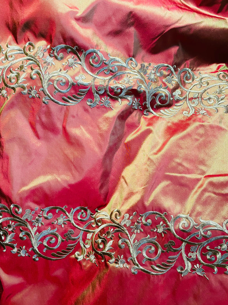 App Sale: Queen Challance 100% Silk Taffeta Fabric - Embroidered- Fire Red Iridescence