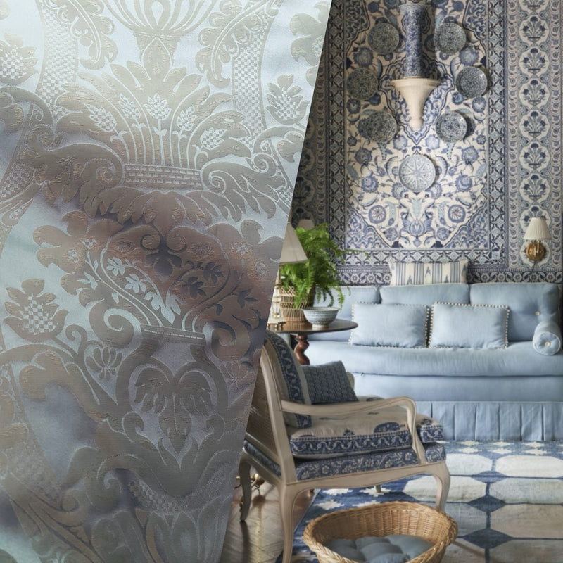 NEW! King Jeffra 100% Silk Taffeta Novelty Jacquard Drapery Fabric in Damask- Silvery Blue