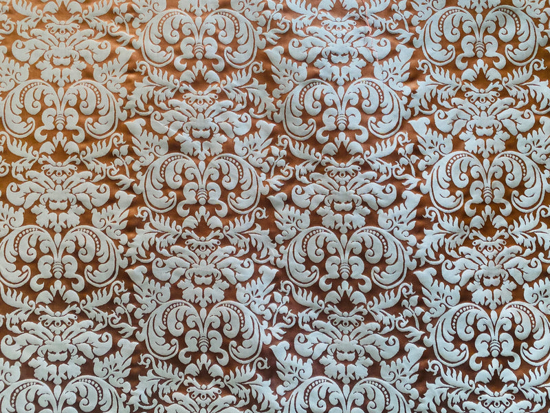 NEW Queen Lauper 100% Silk Jacquard Novelty Neoclassical Floral Damask Matte Satin Brick Red and Gold Jacquard Drapery Fabric