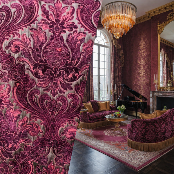 NEW! Emperor Theodore - Designer Italian Venetian Burnout Damask Velvet Burgundy Red Fabric Upholstery - Fancy Styles Fabric Pierre Frey Lee Jofa Brunschwig & Fils