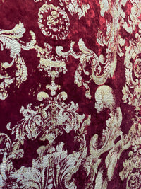 NEW COLOR! Queen Renee Burnout Antique Inspired Velvet Fabric Burgundy & Gold - Fancy Styles Fabric Pierre Frey Lee Jofa Brunschwig & Fils