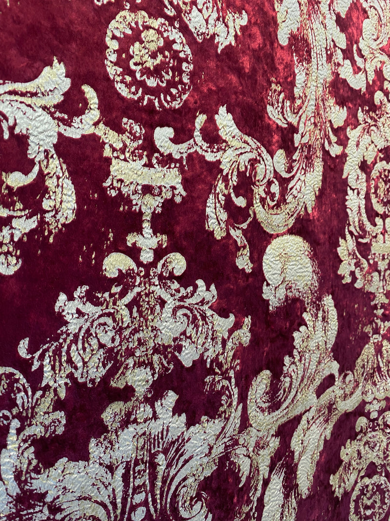 NEW COLOR! Queen Renee Burnout Antique Inspired Velvet Fabric Burgundy & Gold
