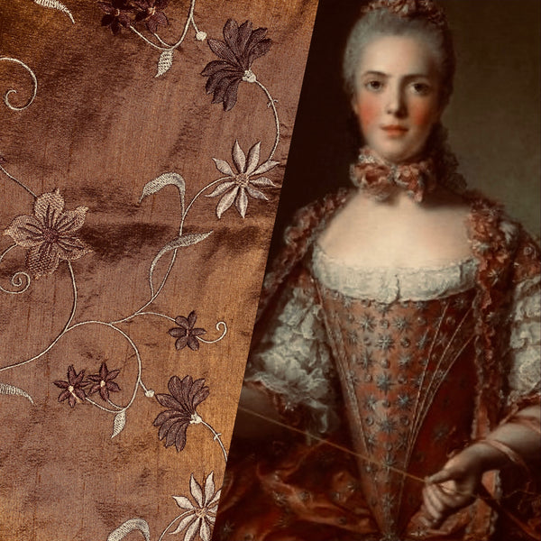 NEW Queen Charlotte 100% Silk Dupioni in Copper with Black Irridescence with Embroidered Floral Motif Fabric - Fancy Styles Fabric Pierre Frey Lee Jofa Brunschwig & Fils
