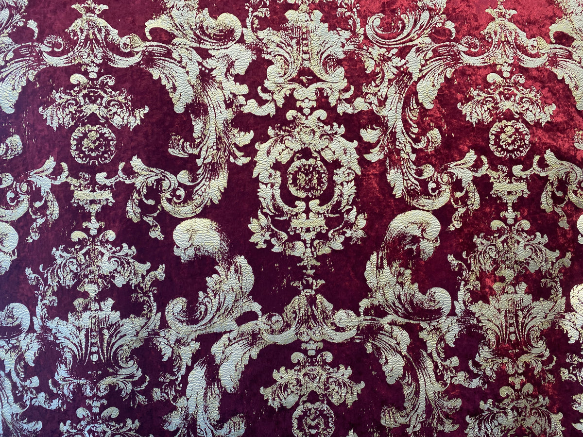 NEW COLOR! Queen Renee Burnout Antique Inspired Velvet Fabric Burgundy & Gold - Fancy Styles Fabric Pierre Frey Lee Jofa Brunschwig & Fils