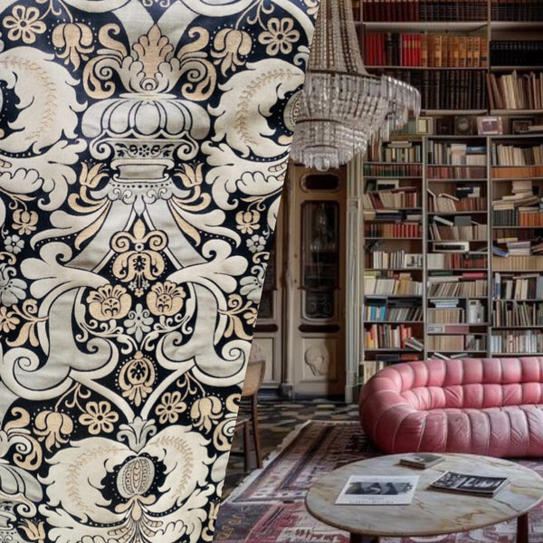 NEW King Dorfman Novelty Floral Jacquard 100% Silk Fabric in Black and Gold - Fancy Styles Fabric Pierre Frey Lee Jofa Brunschwig & Fils
