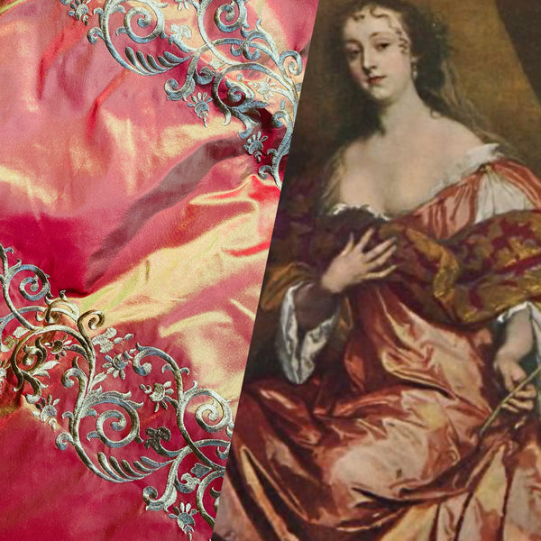 NEW Queen Challance 100% Silk Taffeta Fabric - Embroidered- Fire Red Iridescence - Fancy Styles Fabric Pierre Frey Lee Jofa Brunschwig & Fils