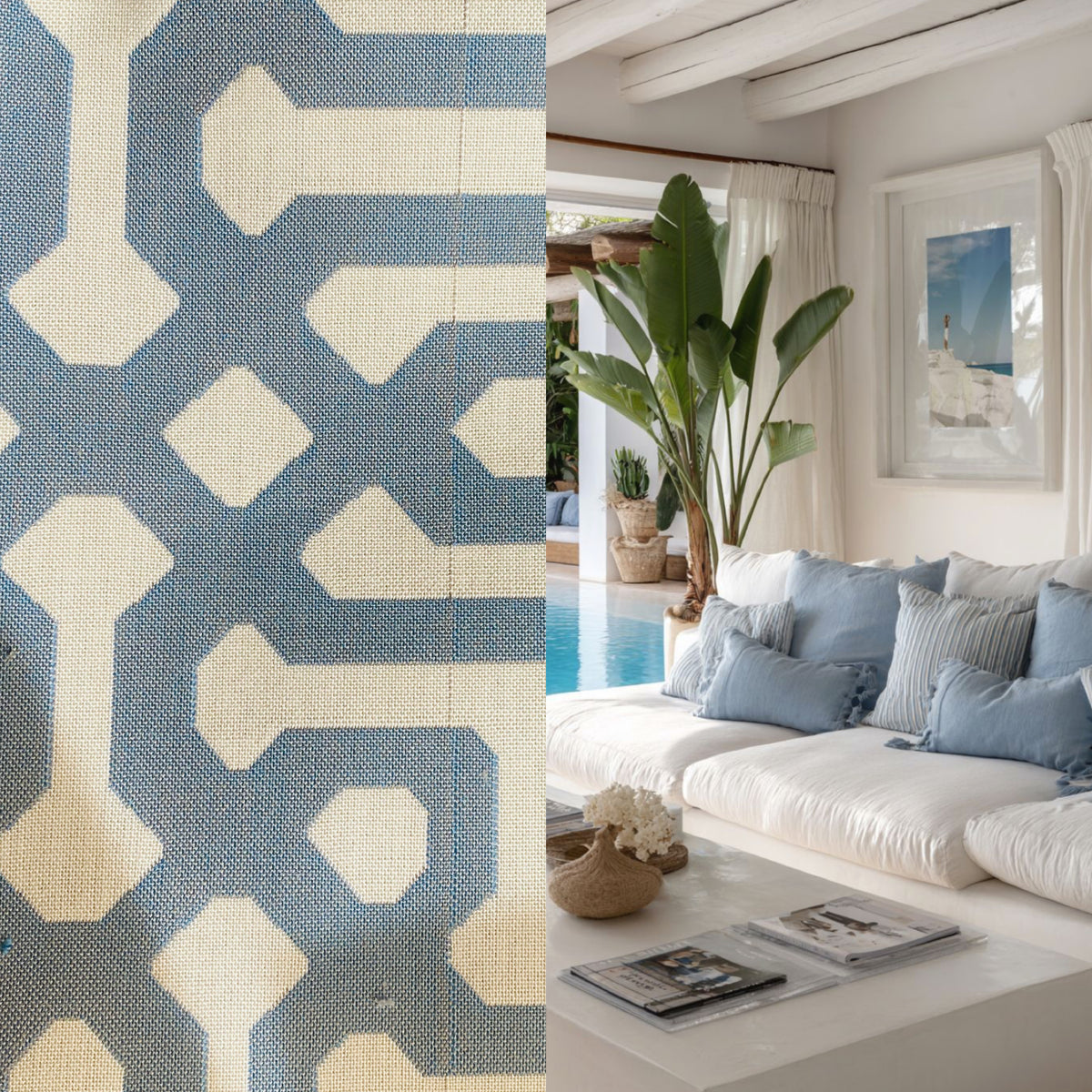 New! SUNBRELLA Blue Geometric Waterproof Indoor Outdoor Upholstery Fabric - Fancy Styles Fabric Pierre Frey Lee Jofa Brunschwig & Fils