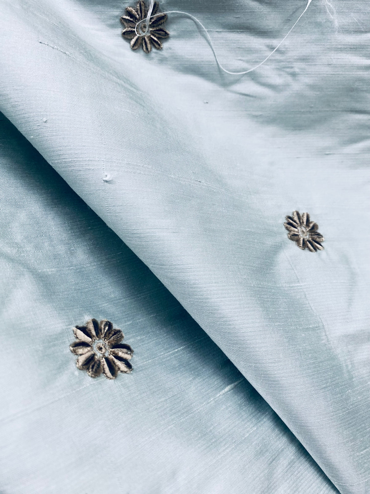 NEW! SALE! Lady Margaret 100% Silk Dupioni Taffeta Fabric- Velvet Grey Embroidery Floral -Light Blue - Fancy Styles Fabric Pierre Frey Lee Jofa Brunschwig & Fils