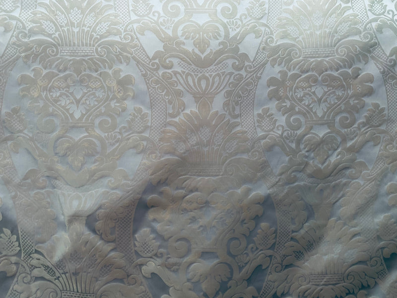 NEW! King Jeffra 100% Silk Taffeta Novelty Jacquard Drapery Fabric in Damask- Silvery Blue