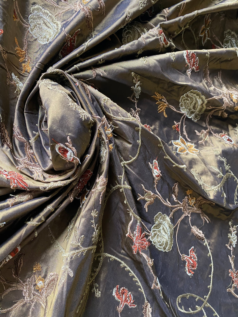 App Sale: Queen Dragonia Novelty 100% Silk Dupioni Embroidered Floral Fabric - Bronze