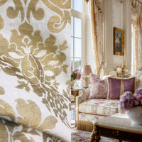 NEW! Duchess Dolly Novelty Belgium Embroidered Imported 100% Linen Medallion Fabric Gold - Fancy Styles Fabric Pierre Frey Lee Jofa Brunschwig & Fils