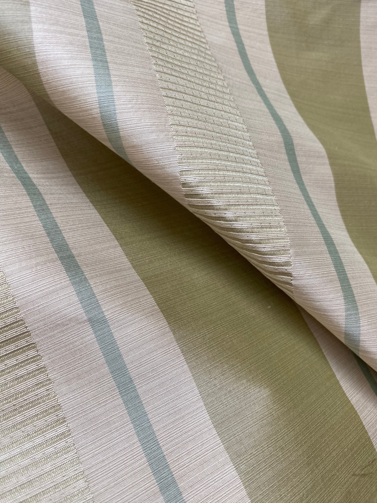 NEW Queen Sherrice 100% Silk Dupioni Ribbon Stripes Fabric - Pistachio Green and Cream with Sea Foam Blue Pinstripe - Fancy Styles Fabric Pierre Frey Lee Jofa Brunschwig & Fils