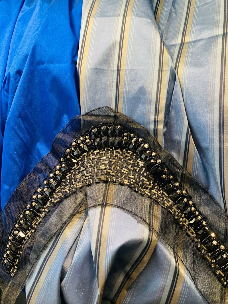 App Sale: $16 Mystery Bundle Fabric 821- 1 Yard Lady Frank Light Royal Blue Faux Silk Taffeta + 1/2 Yard of Silk Taffeta Blue Stripe + Beaded Applique