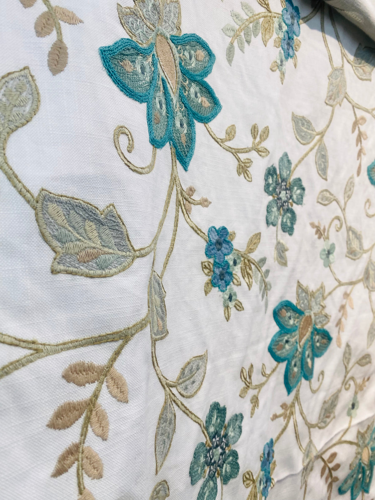 NEW! BACK IN STOCK! Lady Celina Novelty Embroidered 100% Cotton Fabric Turquoise Teal and White - Fancy Styles Fabric Pierre Frey Lee Jofa Brunschwig & Fils
