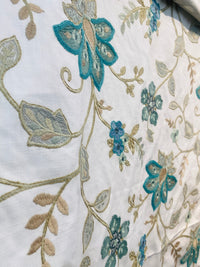 NEW! BACK IN STOCK! Lady Celina Novelty Embroidered 100% Cotton Fabric Turquoise Teal and White - Fancy Styles Fabric Pierre Frey Lee Jofa Brunschwig & Fils